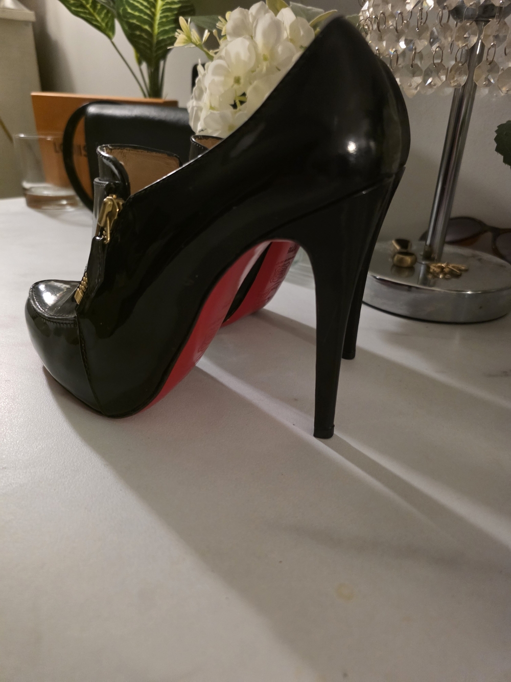 Christian Louboutin Black Patent High-Heel Loafer with Red Sole and Gold Zip - Picture 7 of 7